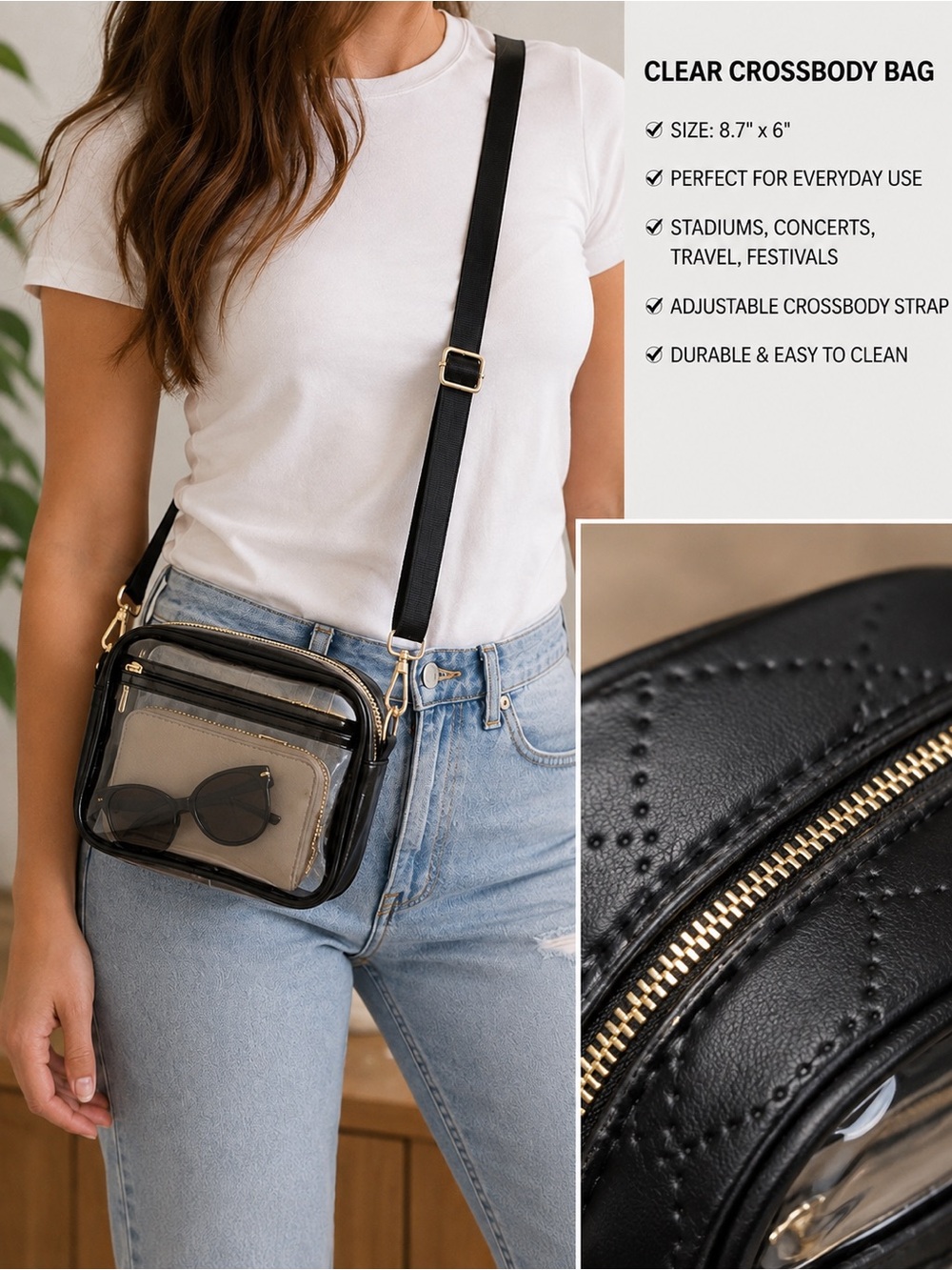 Clear Black Crossbody Bag with Adjustable Strap NWOT